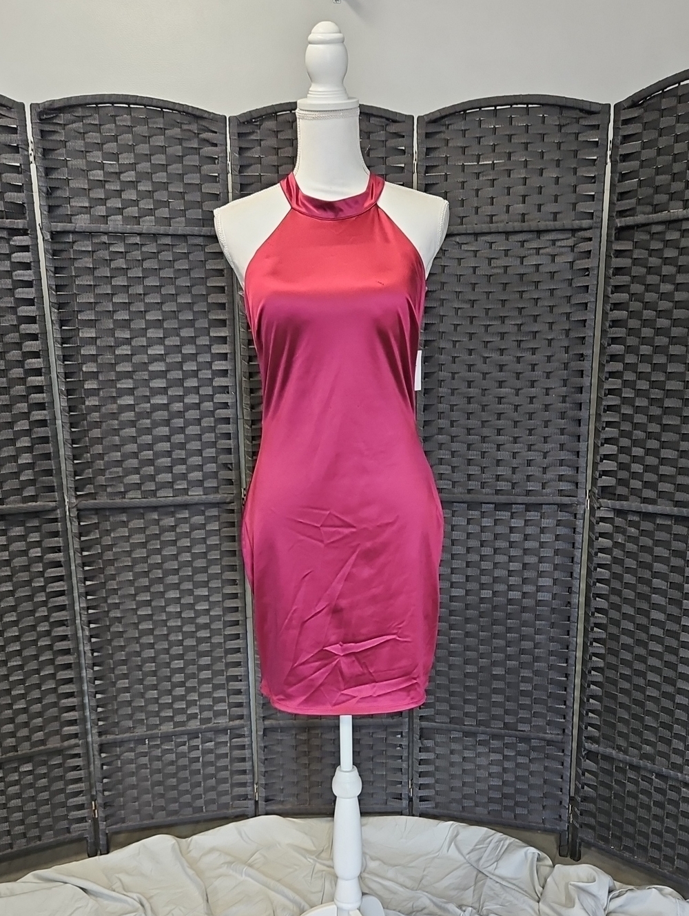 Size 11, 9/10 deep plum/sangria/fushia shimmer satin fitted sheath dress by Crys